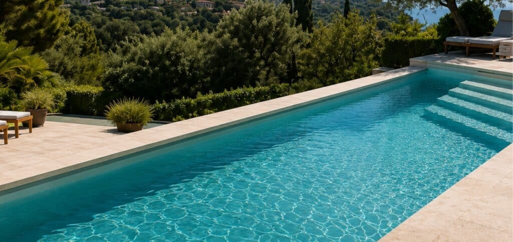Couleur de l'eau d'une piscine influencée par le choix du revêtement extérieur haut de gamme