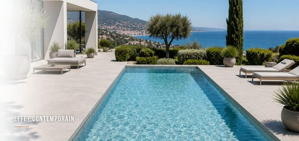 Piscine contemporaine avec revêtement clair et grands formats minéraux