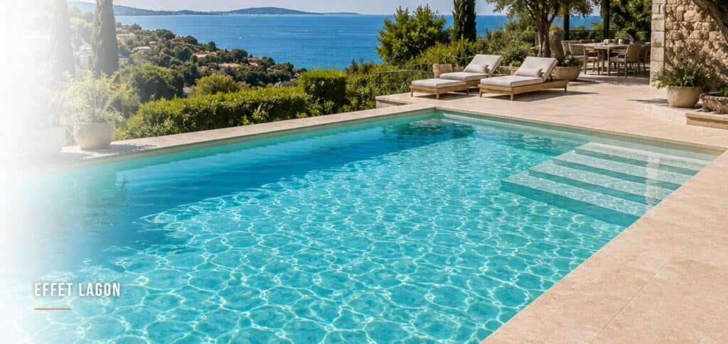 Piscine effet lagon avec revêtement clair et ambiance méditerranéenne