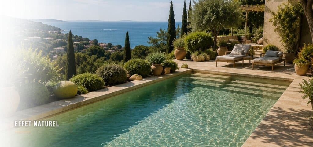 Piscine effet naturel avec matériaux minéraux et végétation méditerranéenne